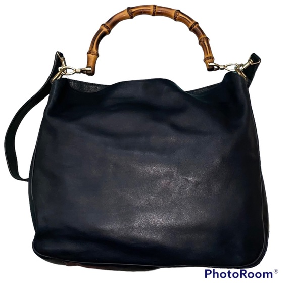 Authentic Gucci Vintage Navy Blue Leather Bamboo Handle Two Way Large Tote Bag - Picture 3 of 17